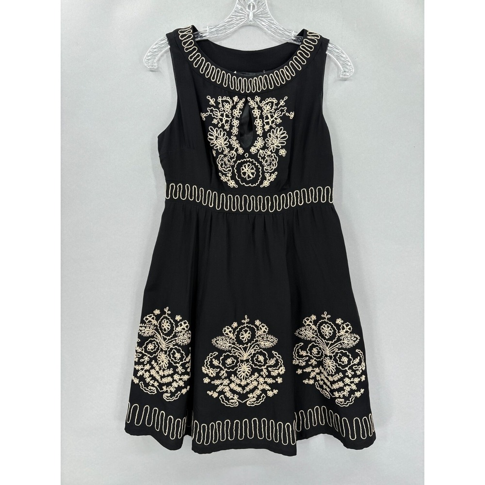 Nanette Lepore Dress 4 Black Fit Flare Silk Embroidered Boho Floral Sleeveless